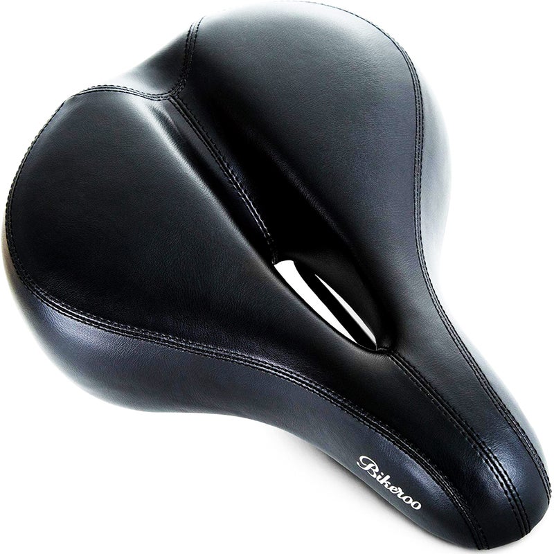 Bikeroo Comfort Saddle for Women & Men - Universal Fit Indoor & Outdoor Bicycles - Center Cutaway for Weight Distribution, Prostate Pressure Relief - Memory Foam - Black - Image 1